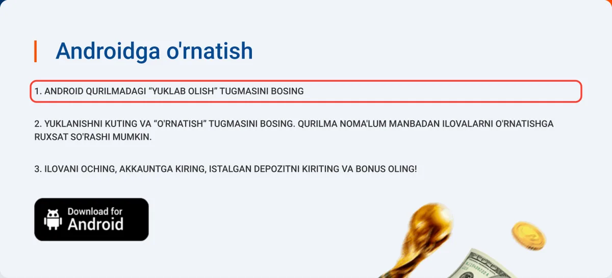 Mostbet APK yo'riqnomasi: YUKLAB OLISH tugmasini bosish bandi