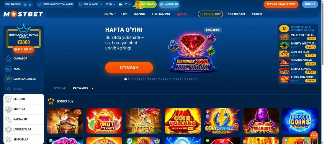 BONUS BUY bo'limi: bonus raundini sotib olish mumkin bo'lgan slotlar