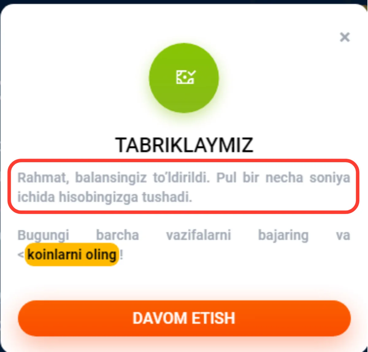 Balans to'ldirilgani haqidagi TABRIKLAYMIZ xabari