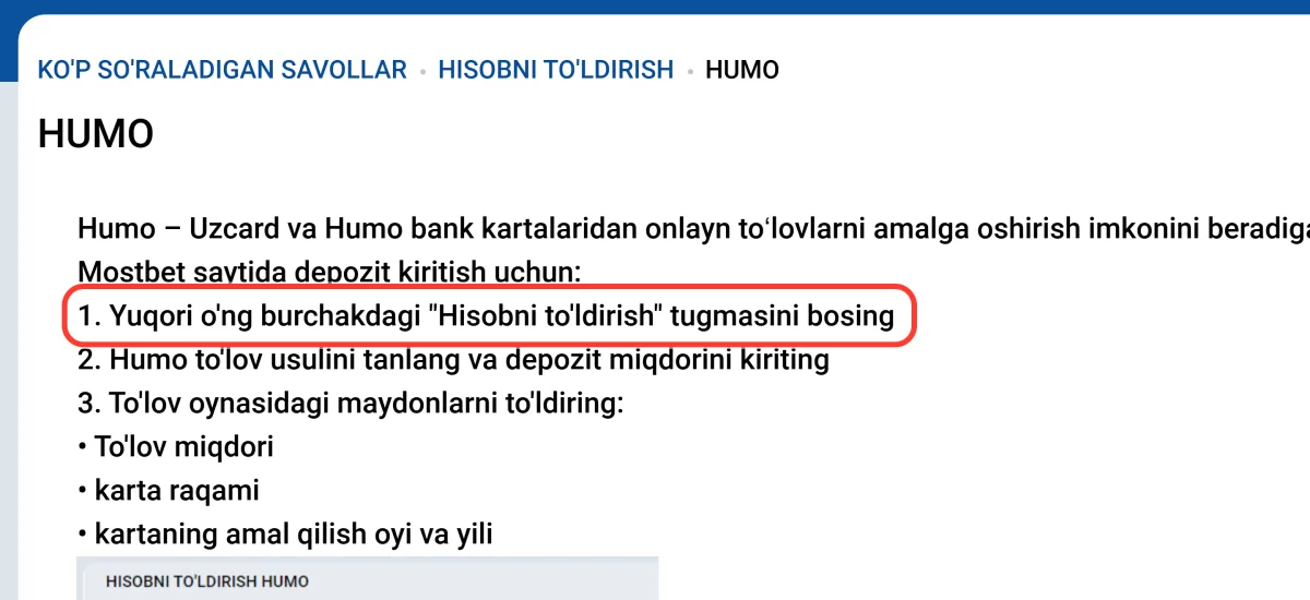Humo yo'riqnomasida Hisobni to'ldirish tugmasini bosish bandi