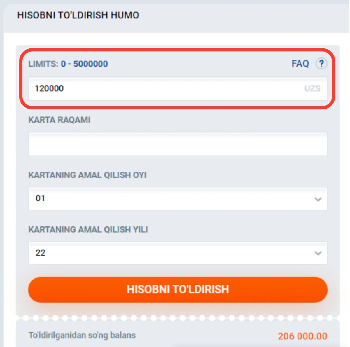Humo kassasida limitlar va UZS summa maydoni