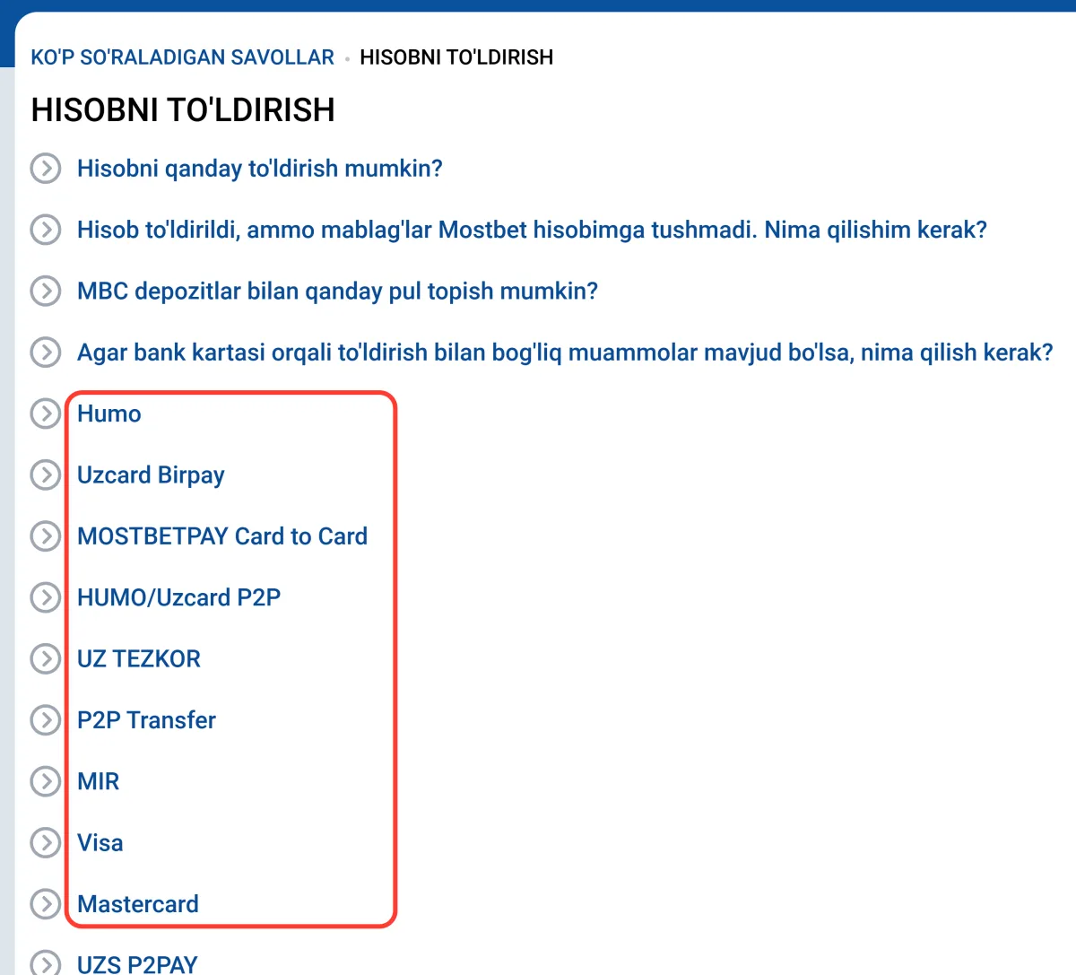 Depozit usullari ro'yxati: Humo, Uzcard Birpay, P2P, Visa