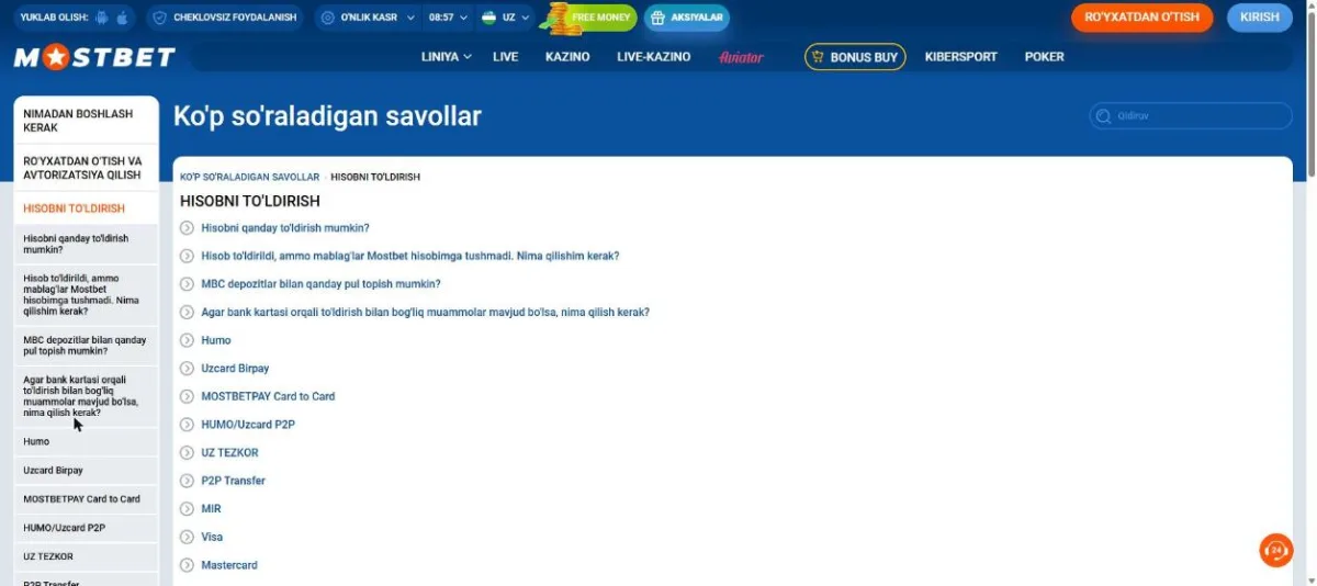 FAQ bo'limidagi depozit usullari ro'yxati: Humo, Uzcard Birpay, P2P