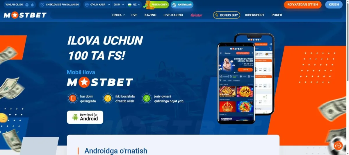 Mostbet ilova sahifasi: Android uchun yuklab olish va 100 FS taklifi