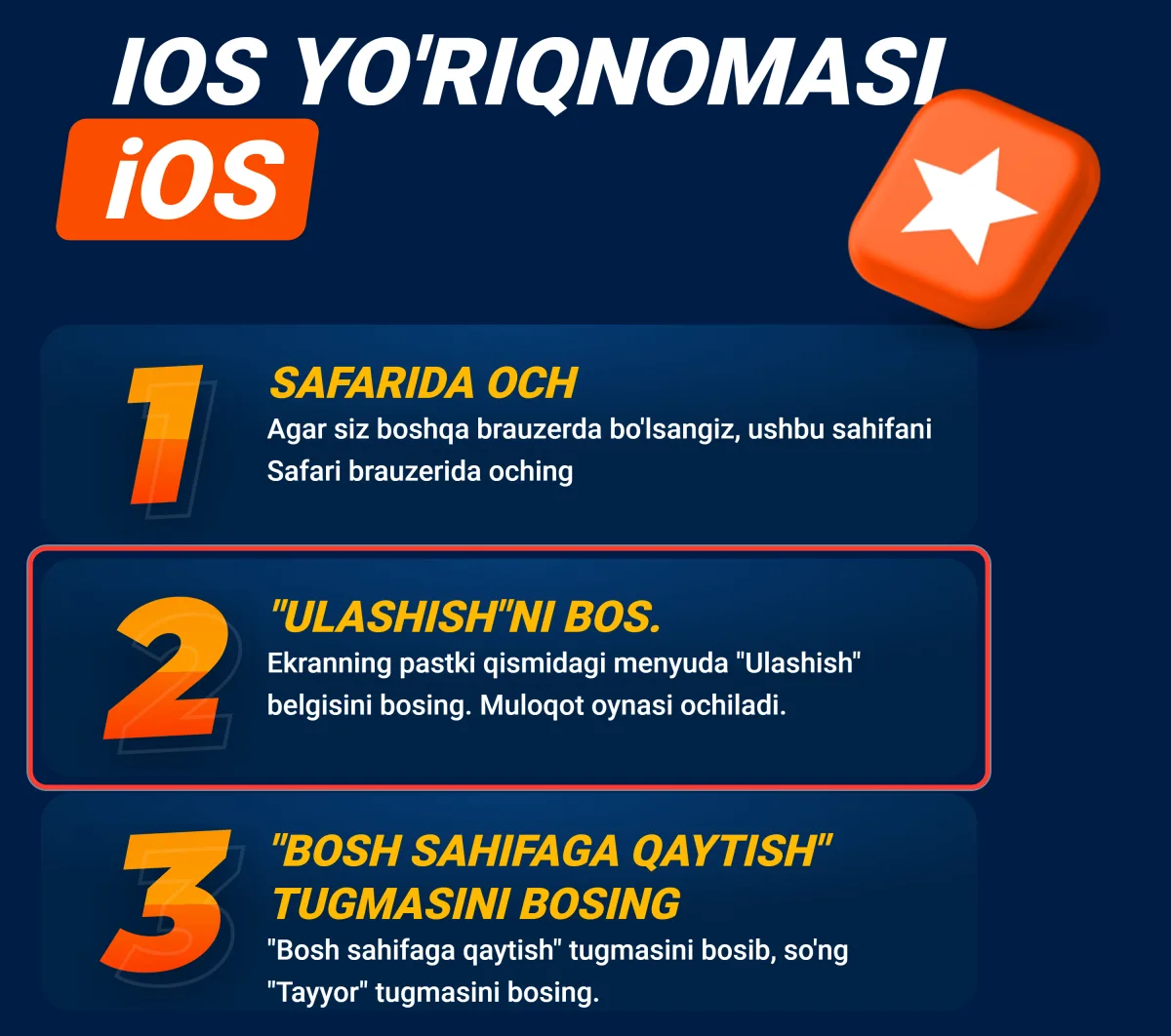 iOS yo'riqnomasidagi Ulashish belgisini bosish bosqichi