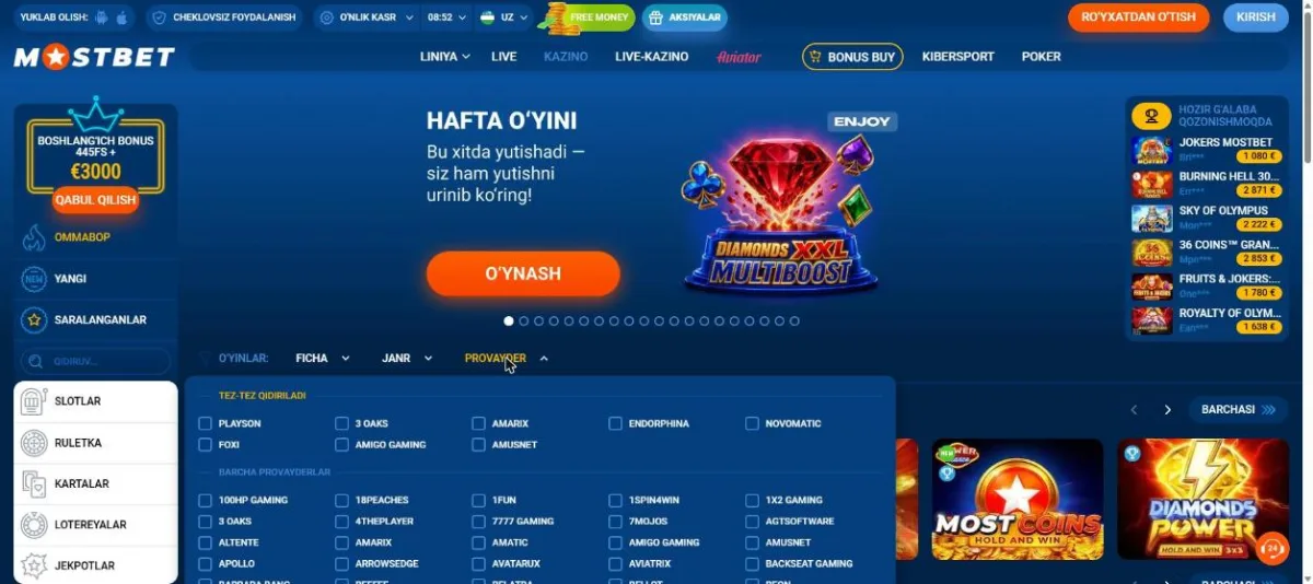 Kazino lobbisidagi PROVAYDER filtri va tez-tez qidiriladigan studiyalar