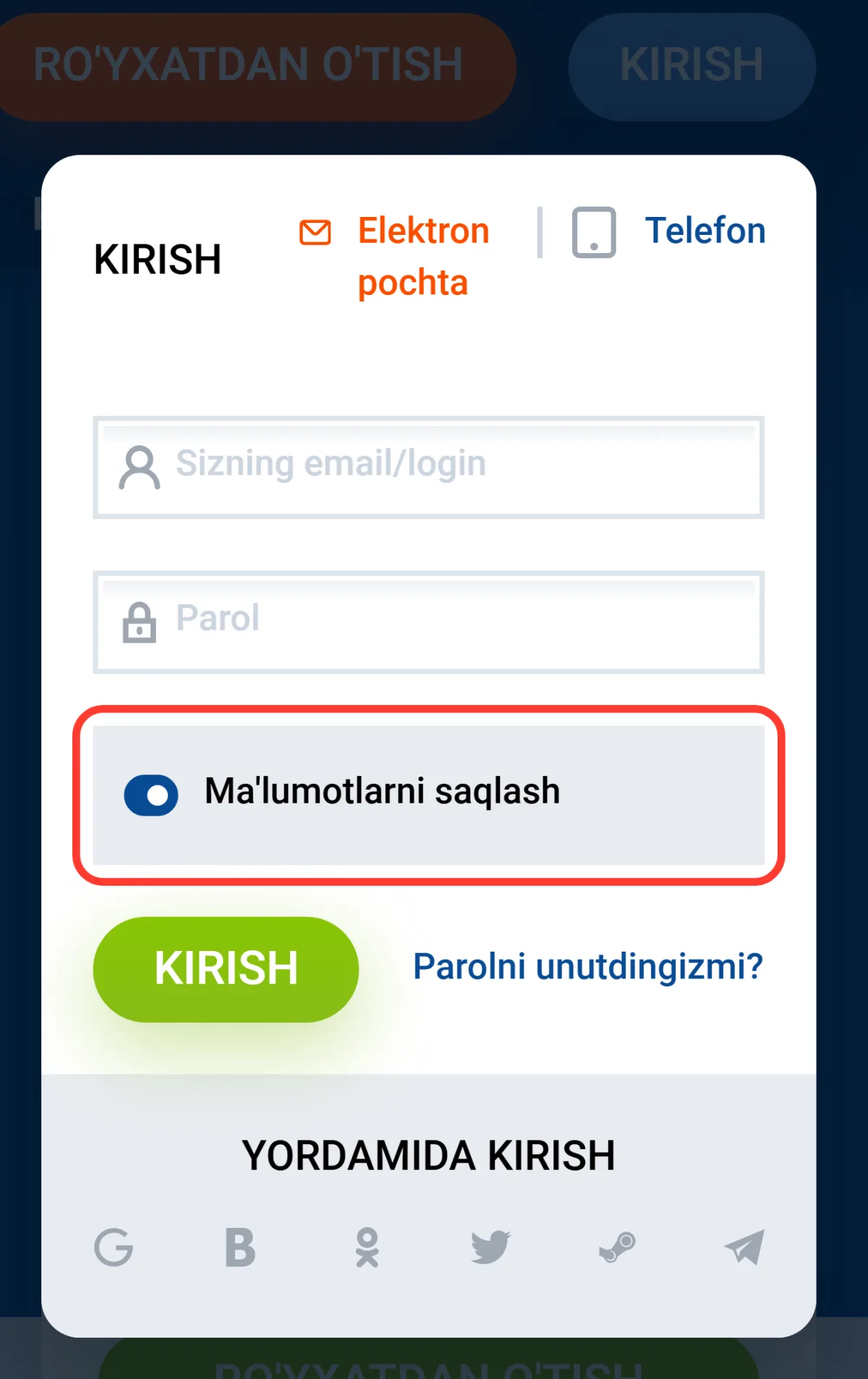 Kirish oynasidagi Ma'lumotlarni saqlash tugmachasi