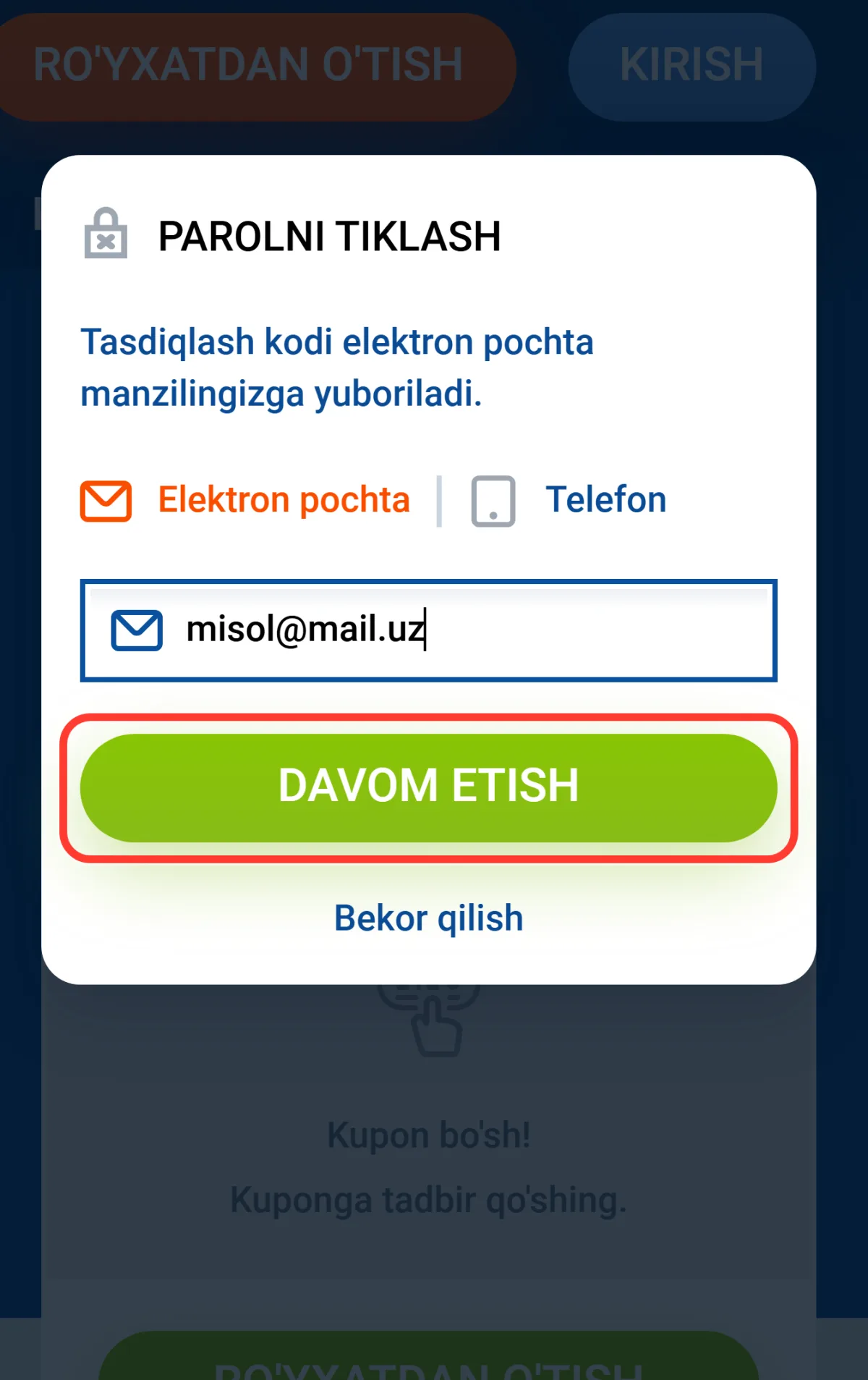 Parolni tiklash oynasidagi DAVOM ETISH tugmasi