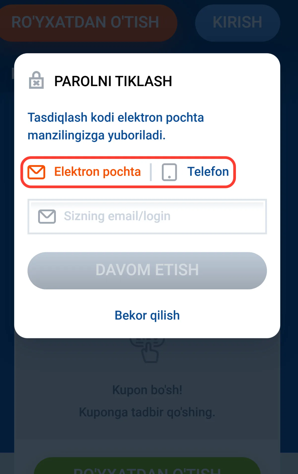 Parolni tiklash oynasida pochta yoki telefon usulini tanlash