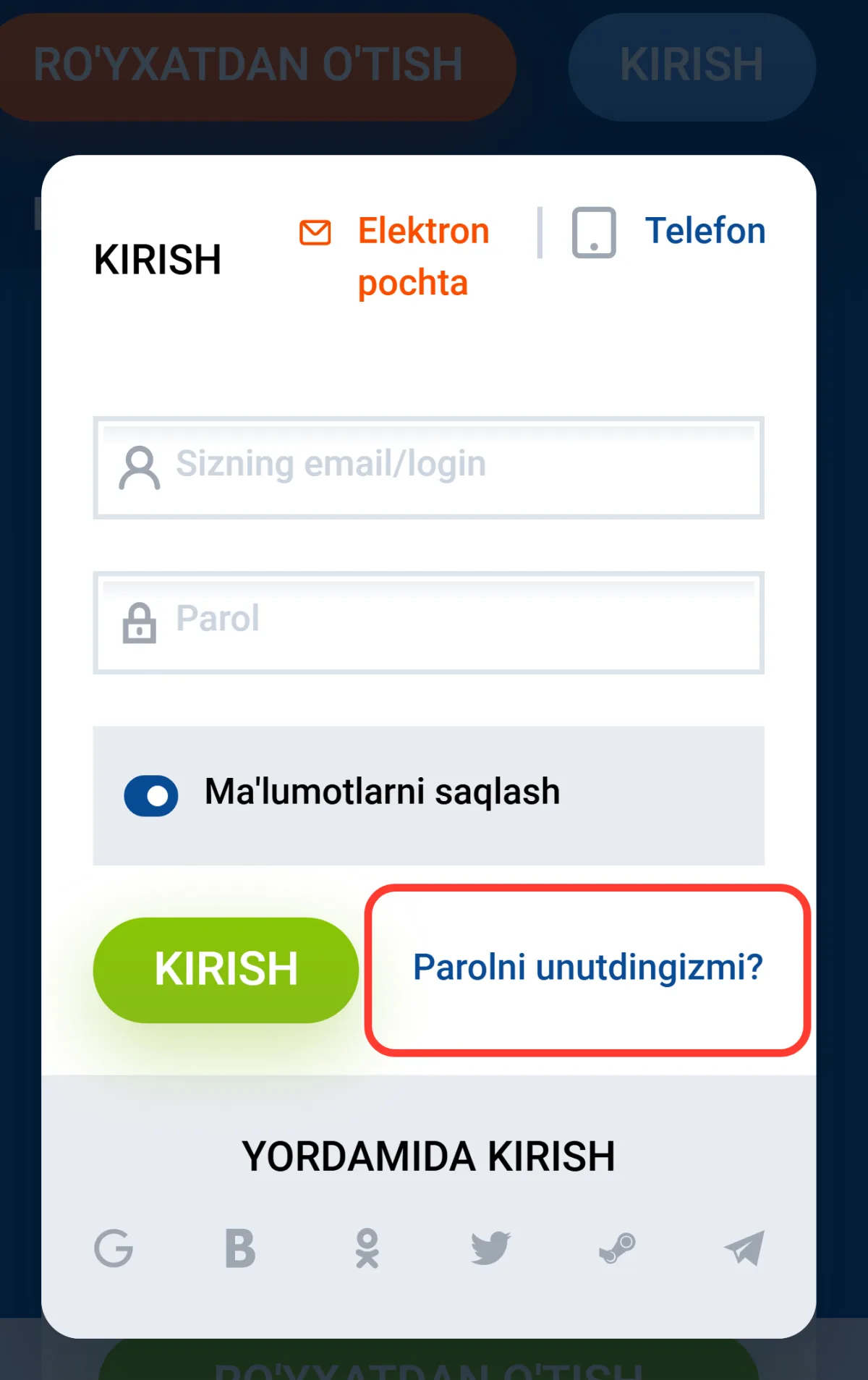 Kirish oynasidagi Parolni unutdingizmi? havolasi