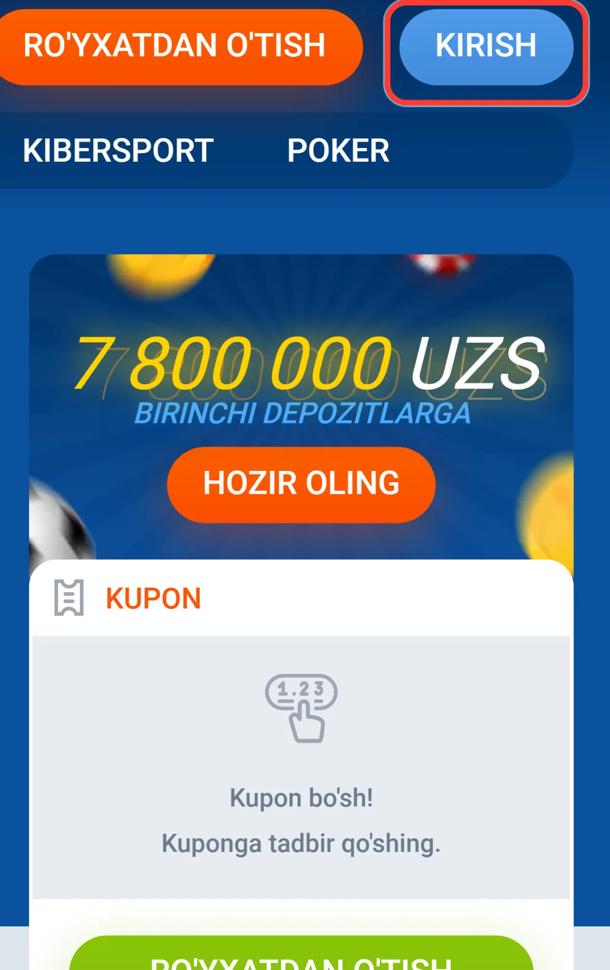 Mostbet kirish: sayt shapkasidagi ko'k KIRISH tugmasi