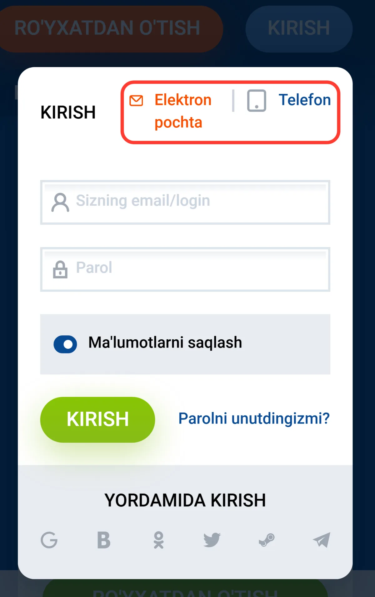 Kirish oynasida Elektron pochta va Telefon yorliqlari