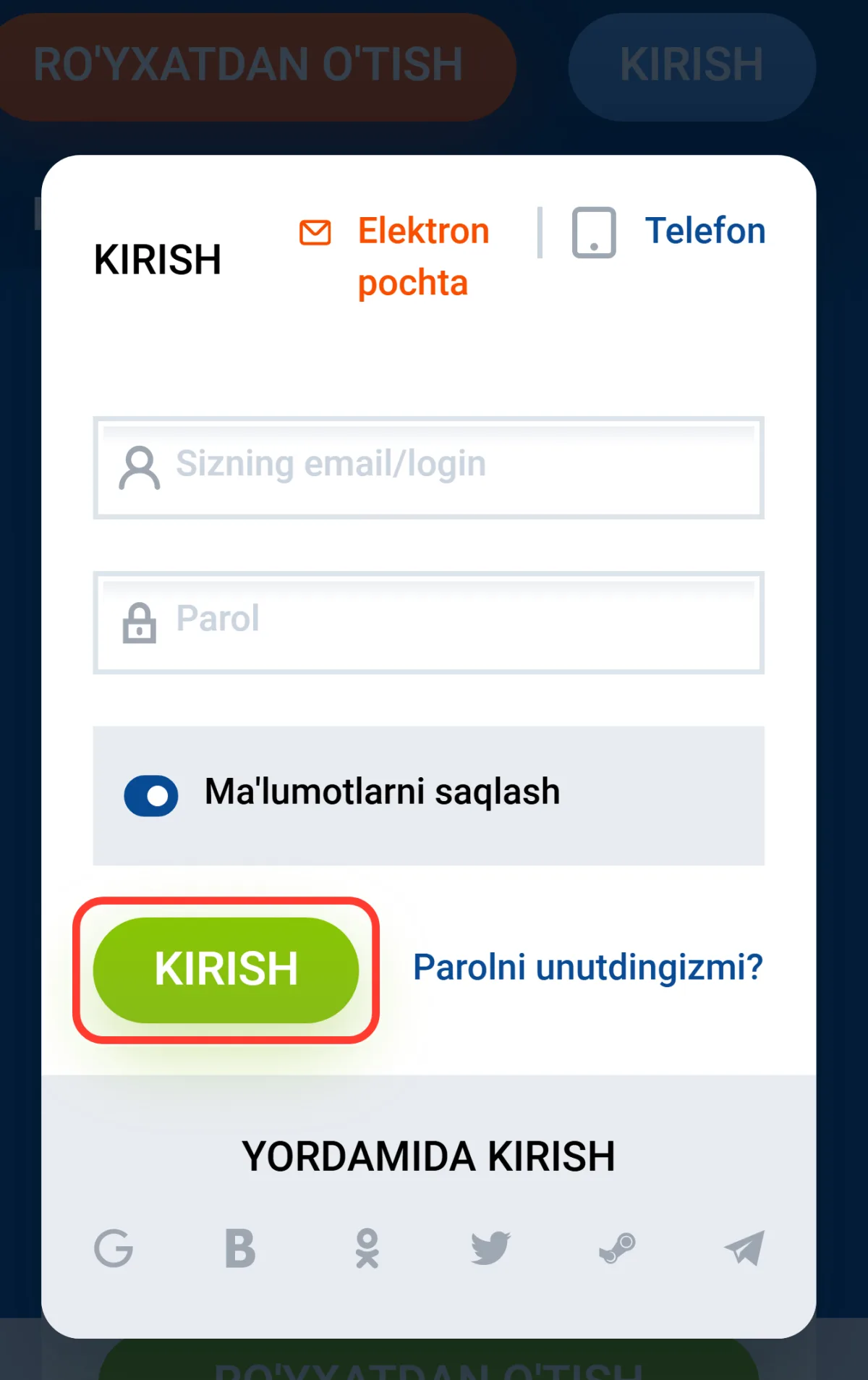 Hisobga kirishni tasdiqlovchi yashil KIRISH tugmasi
