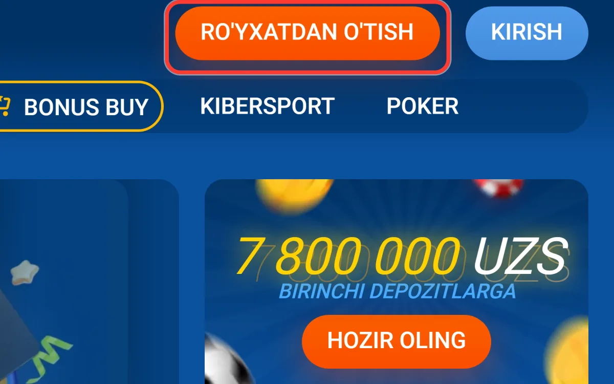 Promokod kiritish uchun formani ochadigan RO'YXATDAN O'TISH tugmasi