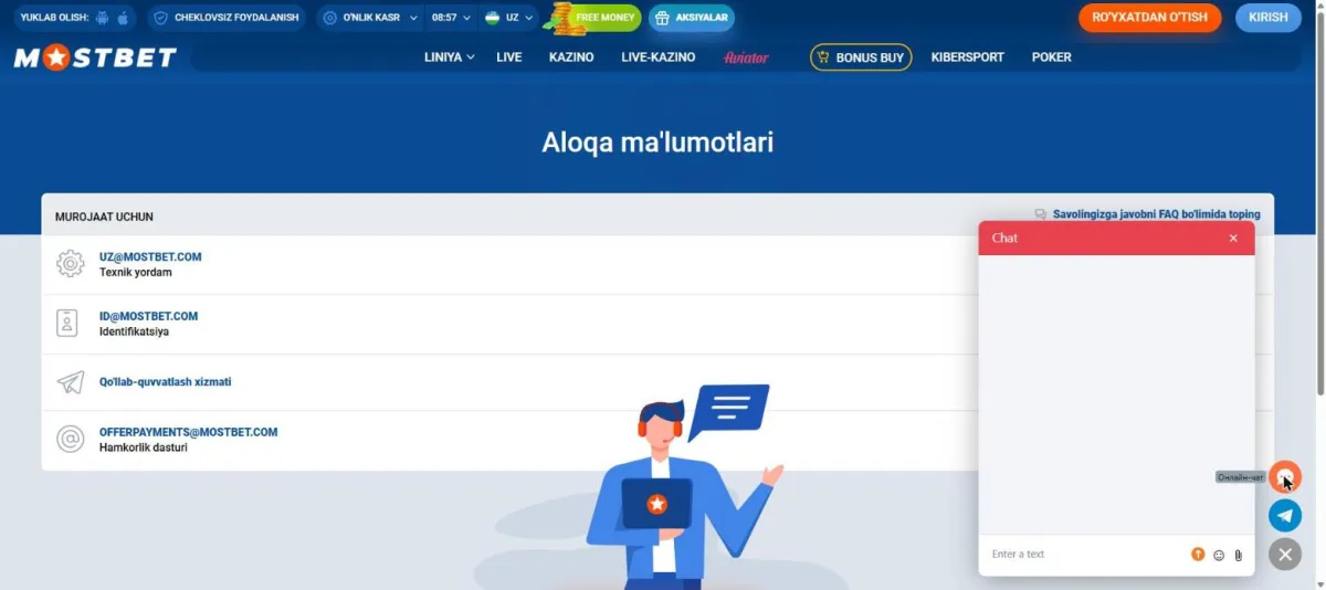 Mostbet onlayn-chat oynasi: aloqa sahifasida ochilgan qo'llab-quvvatlash chati