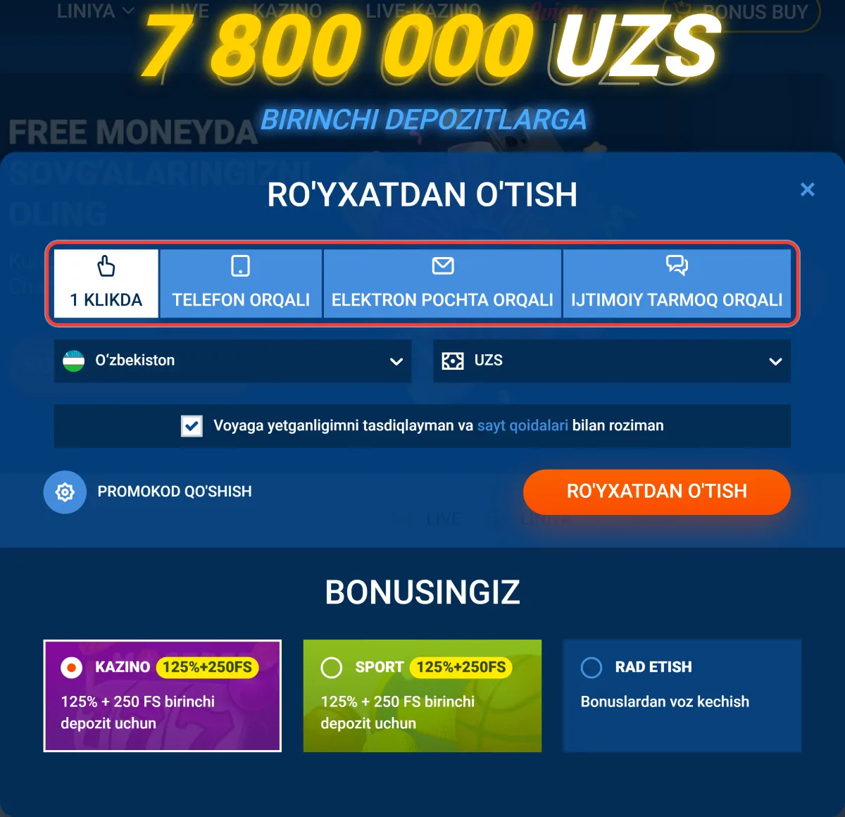 Mostbet ro'yxatdan o'tish formasidagi to'rt usul yorlig'i