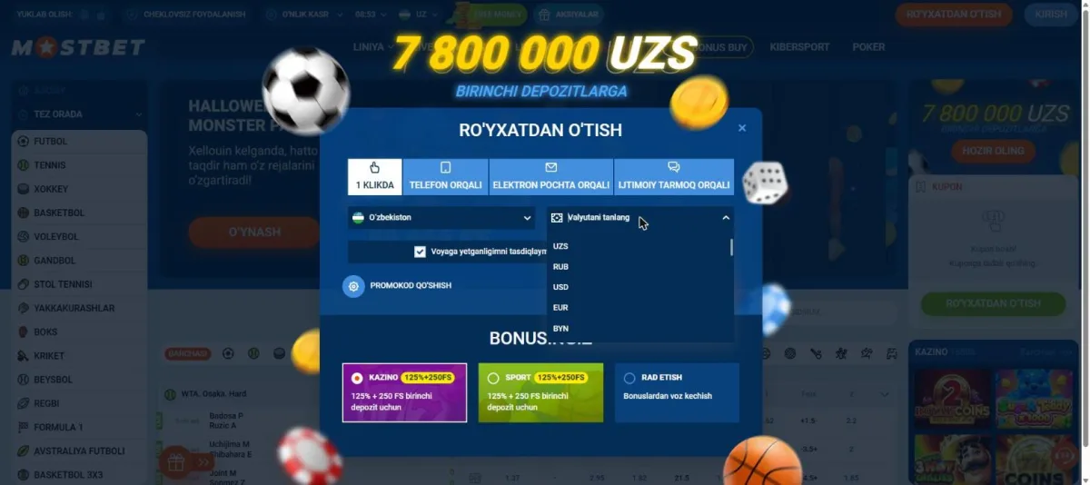 Ro'yxatdan o'tishda valyuta ro'yxati: O'zbekiston uchun UZS birinchi