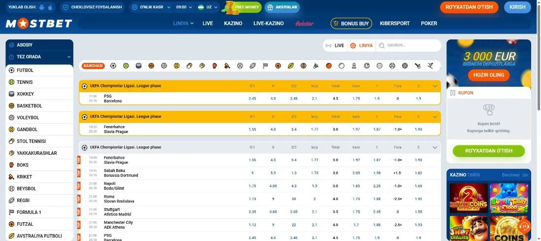 Mostbet sport liniyasi: prematch hodisalari va koeffitsiyentlar jadvali