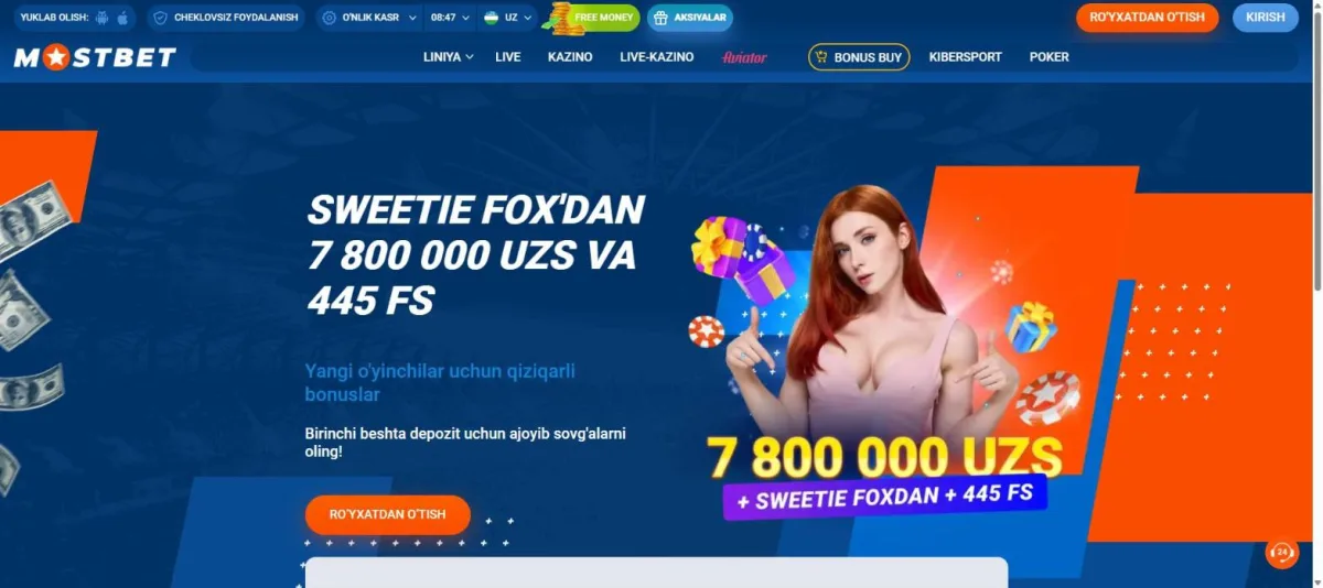 Xush kelibsiz paketi banneri: 7 800 000 UZS va 445 FS birinchi depozitlarga