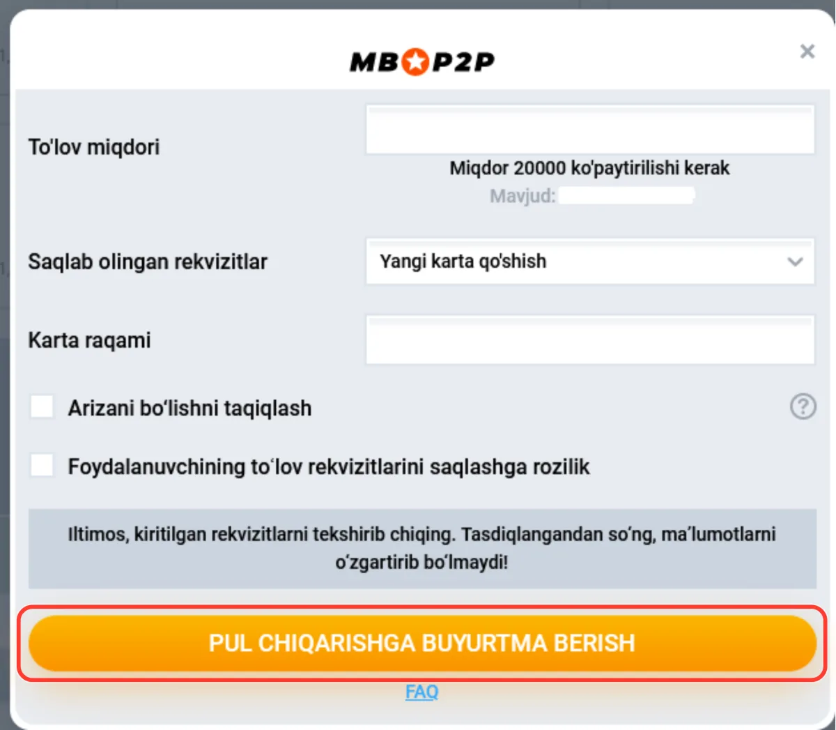 PUL CHIQARISHGA BUYURTMA BERISH tugmasi