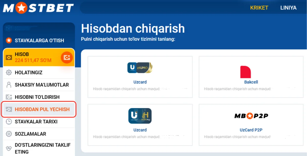 Kabinet menyusidagi HISOBDAN PUL YECHISH bo'limi