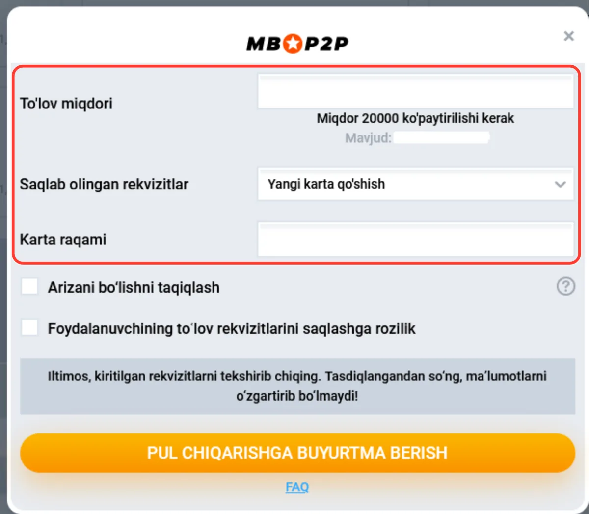 MB P2P oynasida summa va karta raqami maydonlari