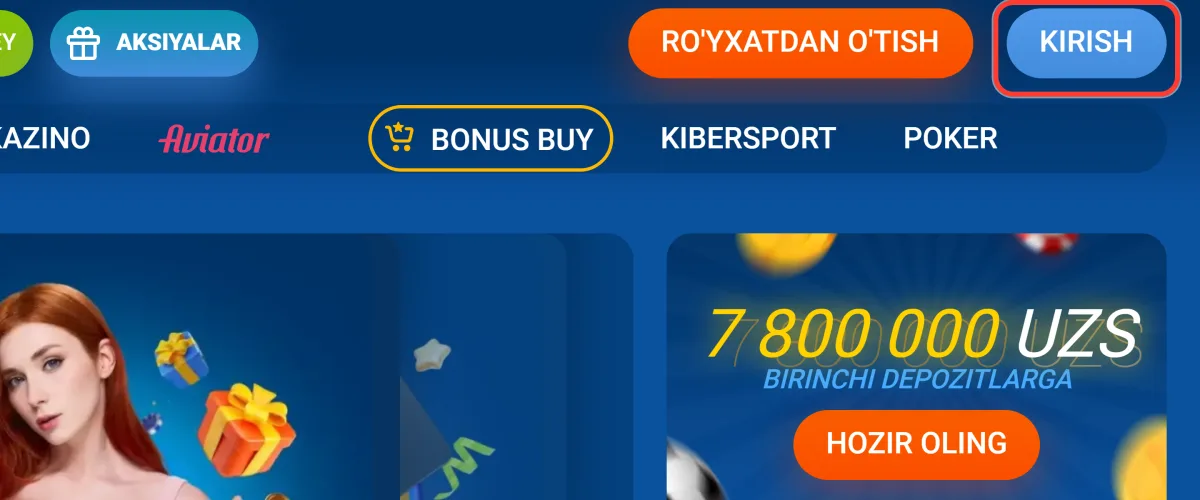Oyna saytida hisobga kirish uchun ko'k KIRISH tugmasi